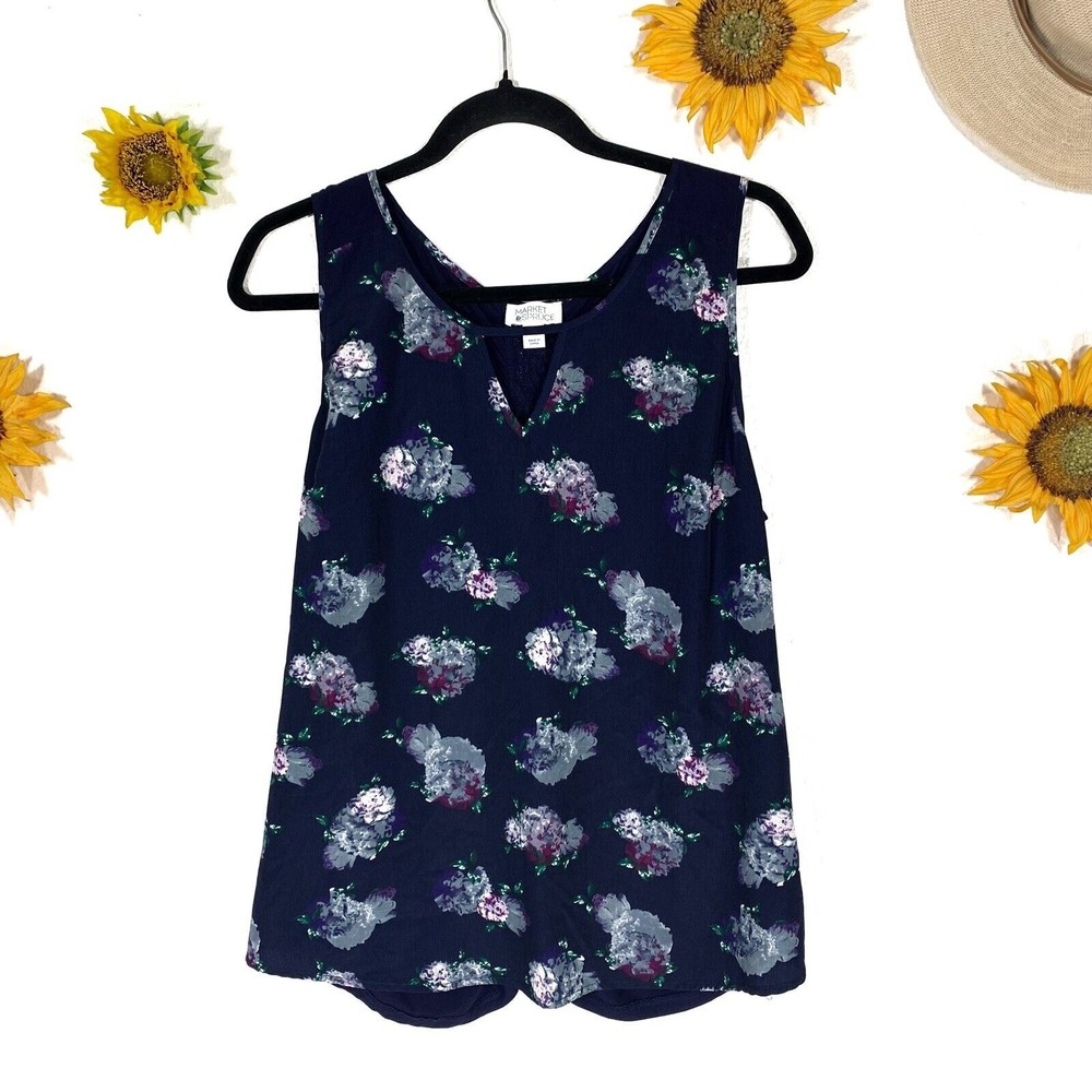 Market and Spruce Women Blue Floral Tank Top size Large